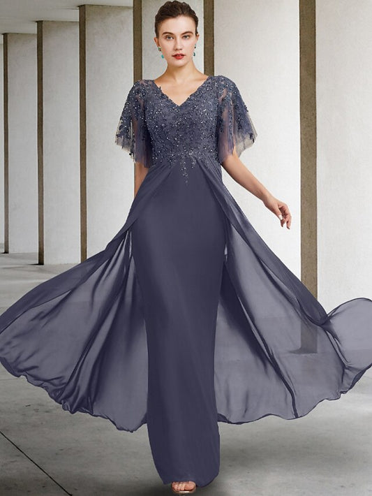 A-Line Plus Size Curve Mother of the Bride Dress Elegant V Neck Floor Length Chiffon Lace Short Sleeve with Beading Sequin