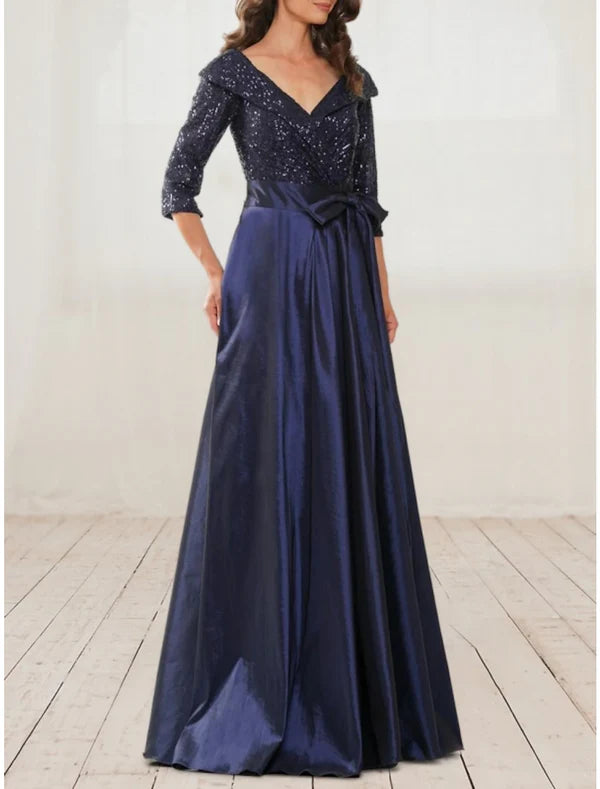 A-Line Evening Gown Elegant Dress Formal Black Dress Plus Size Floor Length Half Sleeve V Neck Satin with Bow(s)