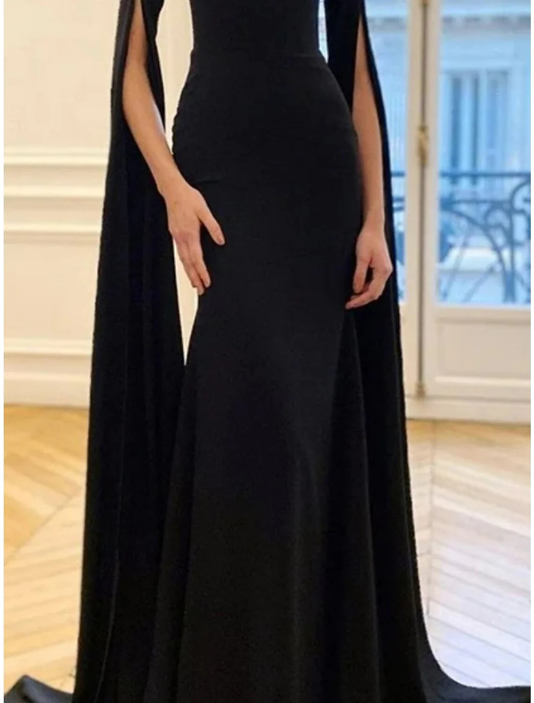 A-Line Evening Gown Elegant Dress Black Dress Formal Sweep / Brush Train Long Sleeve Sweetheart Stretch Fabric