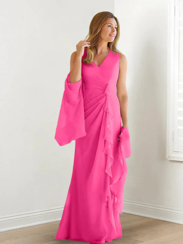 Wrap body/column V-neck sleeveless wrap body mother of the bride dress Pure Color