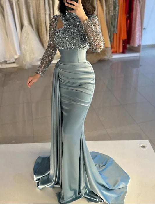 Mermaid / Trumpet Evening Gown Elegant Dress Formal Sweep / Brush Train Long Sleeve High Neck Satin with Pearls
