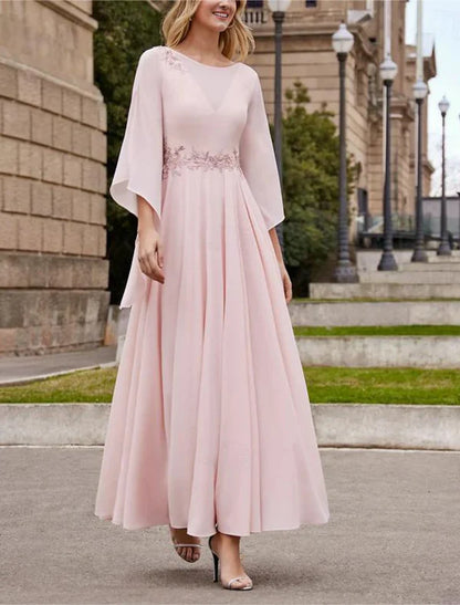 A-Line Mother of the Bride Dress Kentucky Derby Dresses Formal Wedding Guest Elegant Bateau Neck Ankle Length Chiffon 3/4 Length Sleeve with Beading