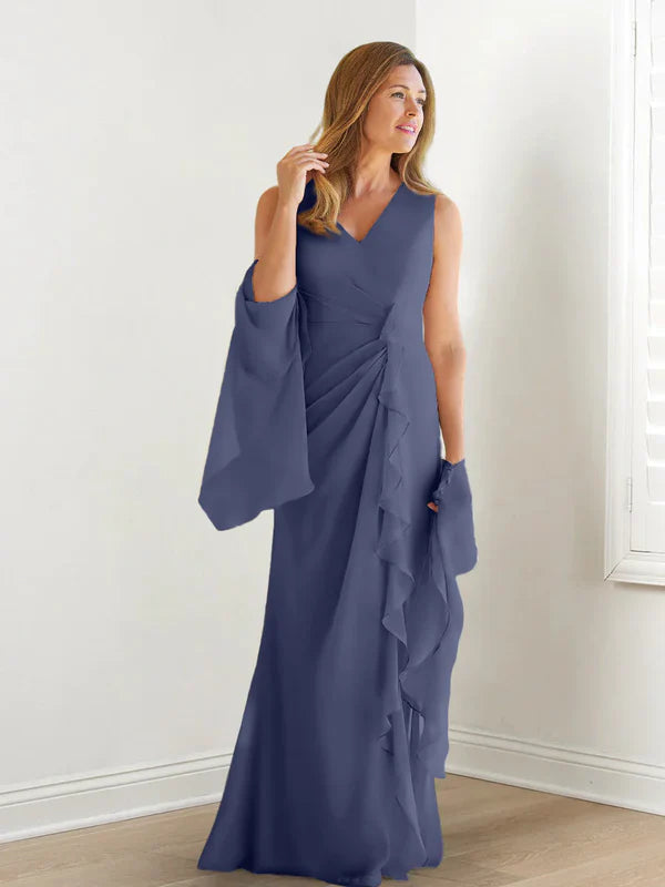 Wrap body/column V-neck sleeveless wrap body mother of the bride dress Pure Color