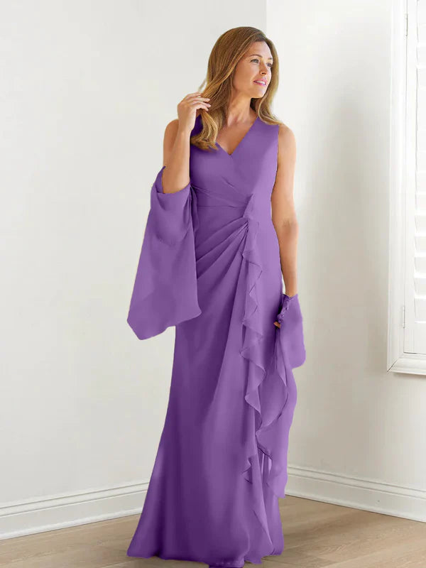 Wrap body/column V-neck sleeveless wrap body mother of the bride dress Pure Color