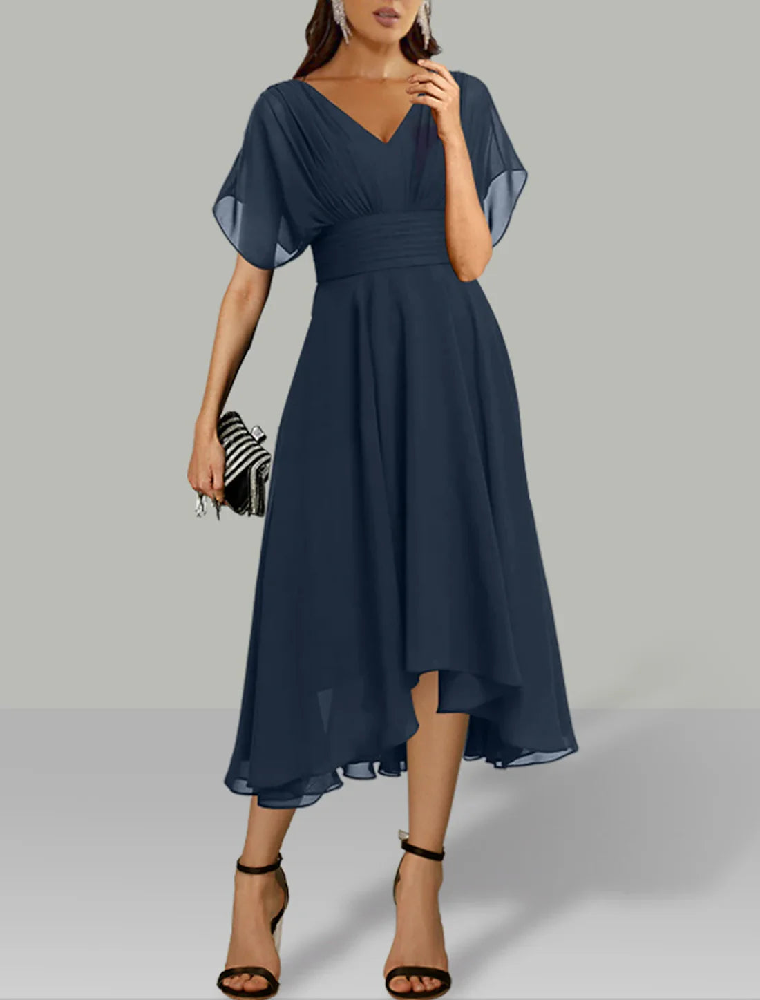 A-Line Wedding Guest Dresses Elegant Dress Holiday Fall Tea Length Short Sleeve V Neck Chiffon