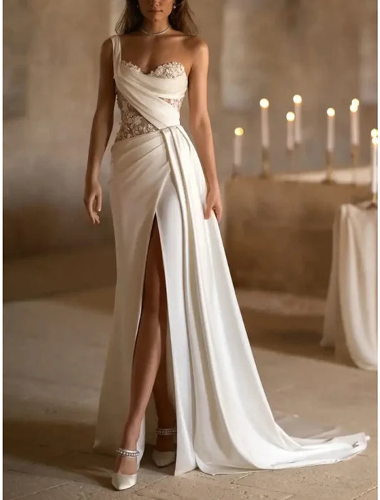 Hall Mature Wedding Dresses A-Line One Shoulder Sleeveless Court Train Satin Bridal Gowns With Pleats