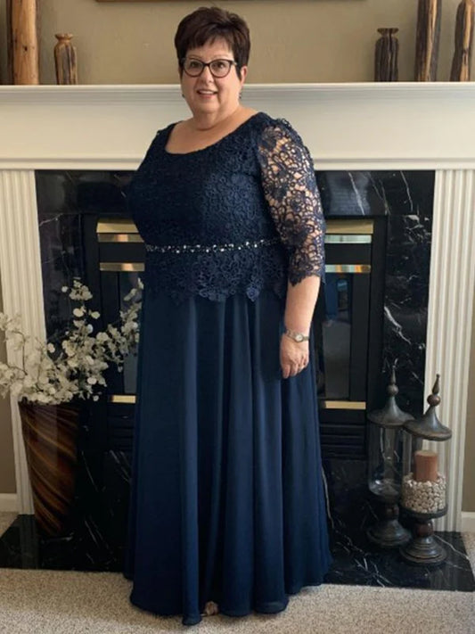 A-Line/Princess Chiffon Lace Scoop 3/4 Sleeves Floor-Length Plus Size Mother of the Bride Dresses Dark Navy