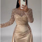 Mermaid Sequin Evening Gown Ruched Satin Dress Long Sleeves Floor Length Sparkle Illusion Neck Fall Wedding Guest Dress with Pearls