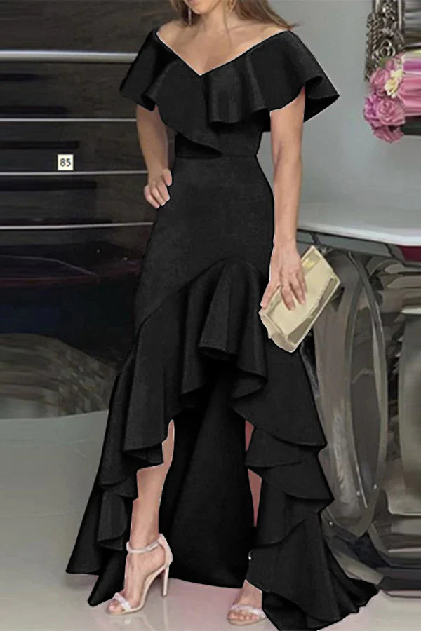 Fashionable solid color ruffled edge V-neck irregular evening dress Sexy Party Dress