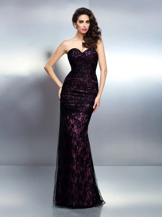 Trumpet/Mermaid Sweetheart Lace Sleeveless Long Woven Satin Dresses Off Shoulder Evening Dresses