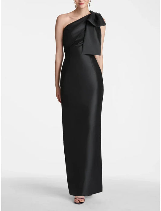 Satin Mermaid Party Dress Evening Gown Champagne Black Elegant Dress Formal Fall Ankle Length Sleeveless One Shoulder with Bow(s)