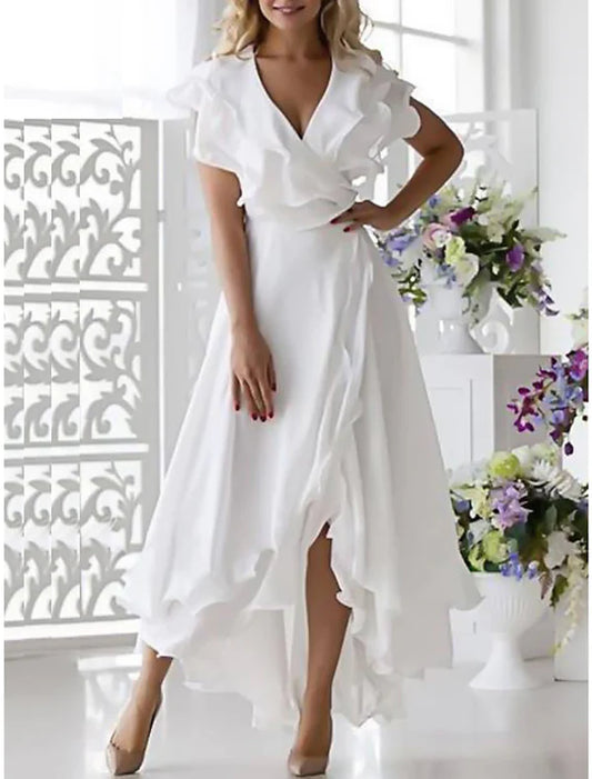 A-Line Simple Wedding Dress Little White Dress Elegant High Low V Neck Plus Size Asymmetrical Chiffon Short Sleeve with Ruffles Split