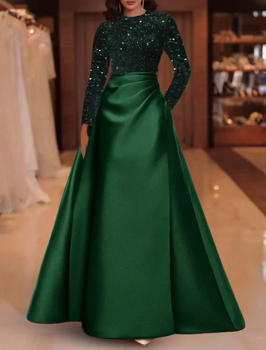 A-Line Evening Gown Elegant Dress Christmas Dress Wedding Guest Floor Length Long Sleeve Jewel Neck Pocket Satin