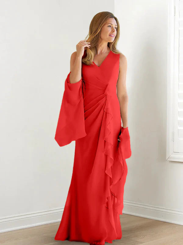 Wrap body/column V-neck sleeveless wrap body mother of the bride dress Pure Color