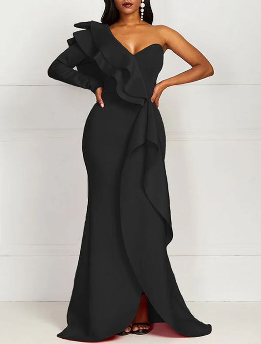 Mermaid / Trumpet Evening Gown Elegant Dress Formal Evening Floor Length Long Sleeve One Shoulder Fall Wedding Guest Stretch Fabric with Ruffles