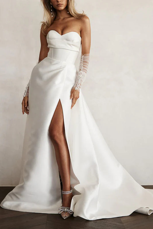 A line sweet satin pleated simple sleeved wedding dress Off Shoulder With Slit