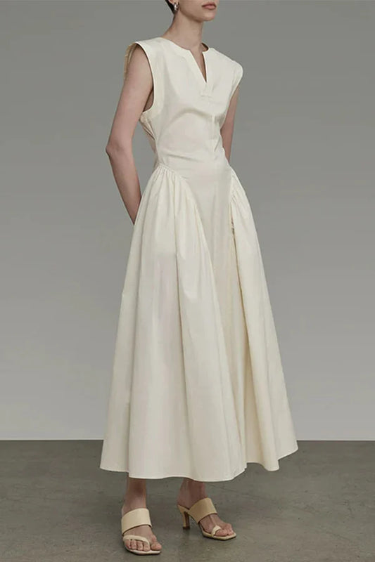 Elegant solid color pocket folding O-neck sleeveless evening dress Pure Color
