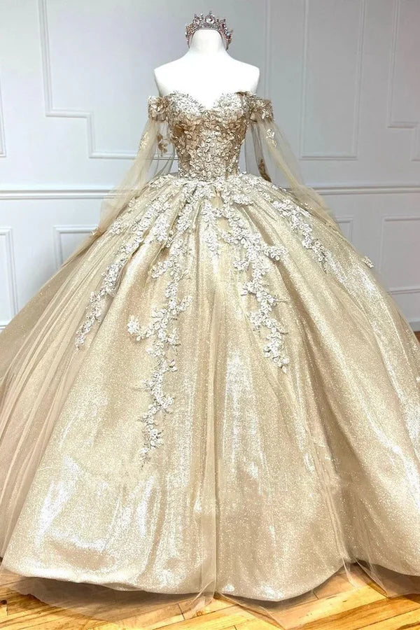 Charming Golden Sweetheart Ball Dress with Cloak Sleeves Adult Dress Quinceanera Dress