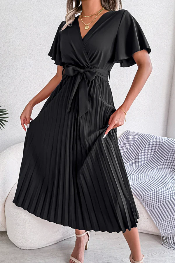Casual solid color pleated V-neck high waisted skirt for evening dress Party Dress