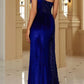 Elegant solid color sequin neck hanging A-line evening dress With Slit Sparkly