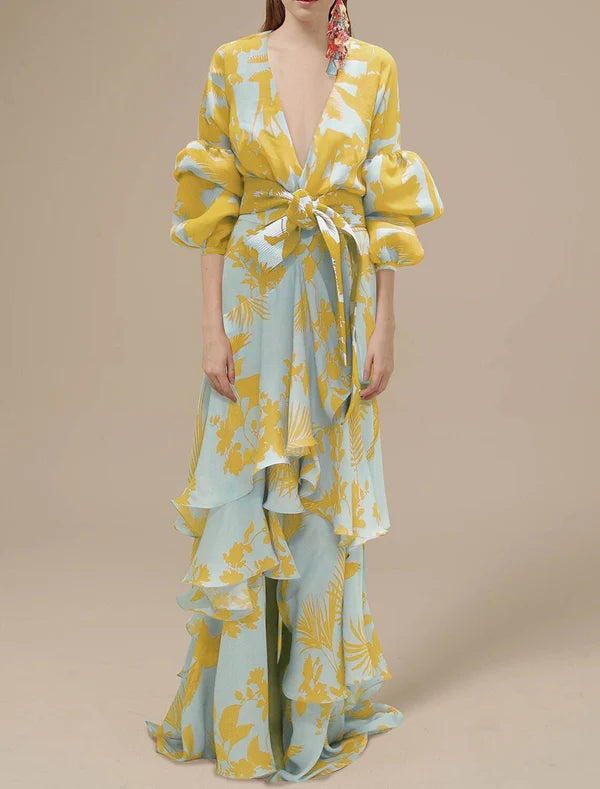 A-Line Party Dresses Floral Dress Wedding Guest Holiday Floor Length Long Sleeve V Neck Polyester with Print Strappy Sexy