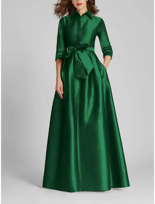 Satin A-Line Evening Gown Champagne Gold Minimalist Black Christmas Red Green Dress Dress Formal Fall Floor Length Half Sleeve Shirt Collar with Bow(s)
