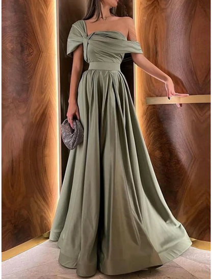 A-Line Evening Gown Elegant Dress Formal Floor Length Christmas Red Green Dress Short Sleeve Off Shoulder Satin with Pleats