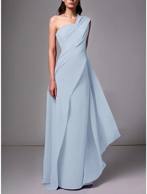 Sheath Evening Gown Red Green Dress Elegant Dress Formal Sweep / Brush Train Sleeveless One Shoulder Stretch Chiffon with Pleats