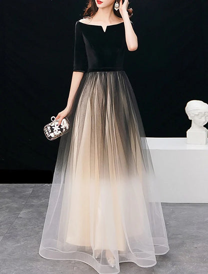 A-Line Elegant Gradient Prom Formal Evening Dress Jewel Neck Half Sleeve Floor Length Tulle with Sleek Party Dresses