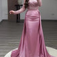 Mermaid Sequin Evening Gown Ruched Satin Dress Long Sleeves Floor Length Sparkle Illusion Neck Fall Wedding Guest Dress with Pearls