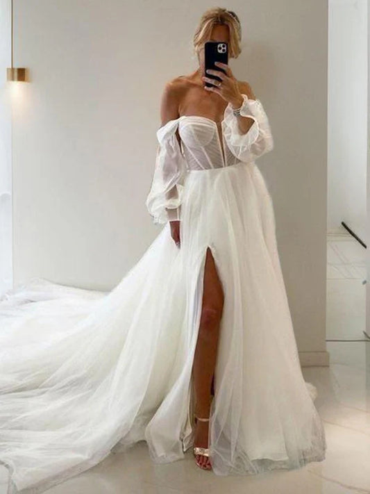 A-shaped Sweetheart Long sleeved Church Trailing Tulle Tight Corset Wedding Dress Off Shoulder With Slit