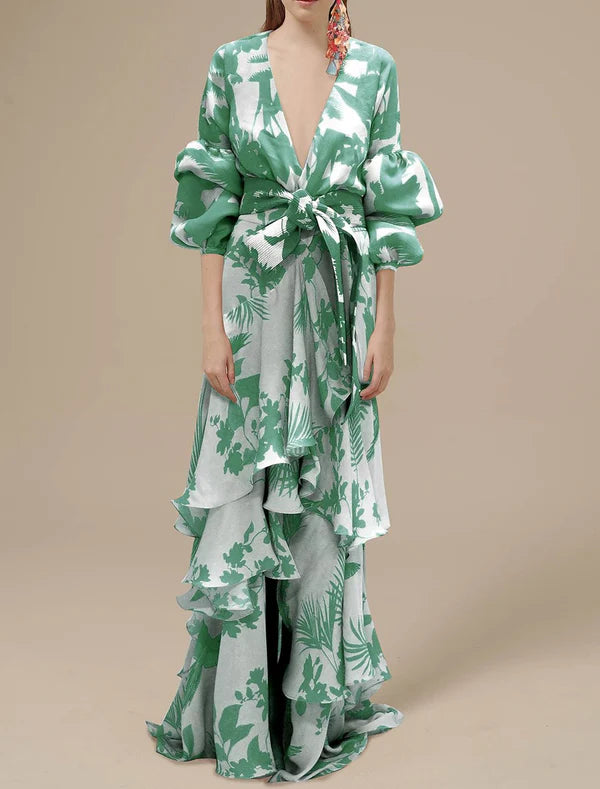 A-Line Party Dresses Floral Dress Wedding Guest Holiday Floor Length Long Sleeve V Neck Polyester with Print Strappy Sexy