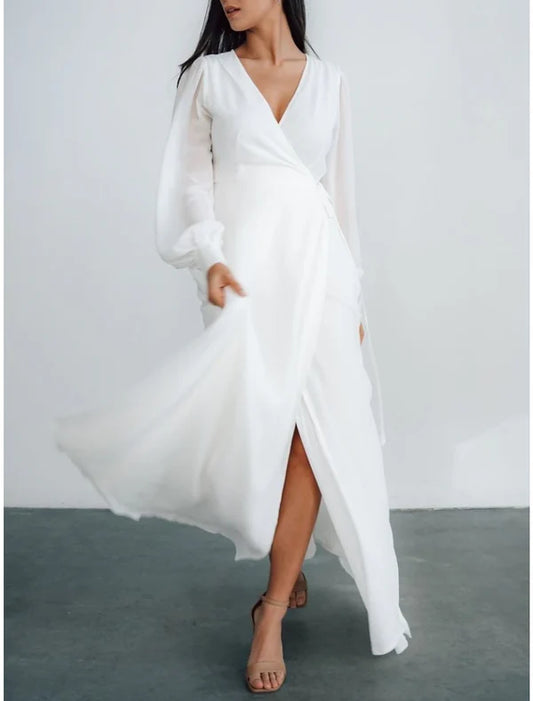 Little White Dresses Wedding Dresses A-Line V Neck Long Sleeve Ankle Length Chiffon Bridal Gowns With Pleats Split