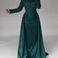 Mermaid Sequin Evening Gown Ruched Satin Dress Long Sleeves Floor Length Sparkle Illusion Neck Fall Wedding Guest Dress with Pearls