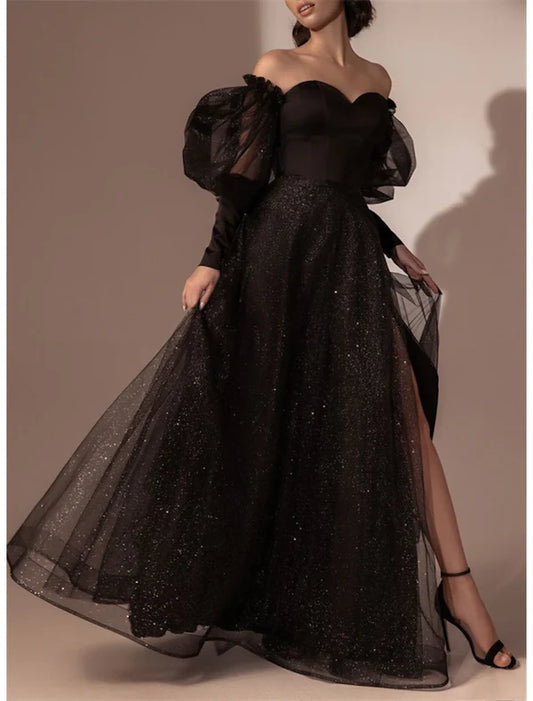 A-Line Evening Gown High Split Dress Prom Semi Formal Black Dress Plus Size Floor Length Long Sleeve Off Shoulder Tulle with Slit