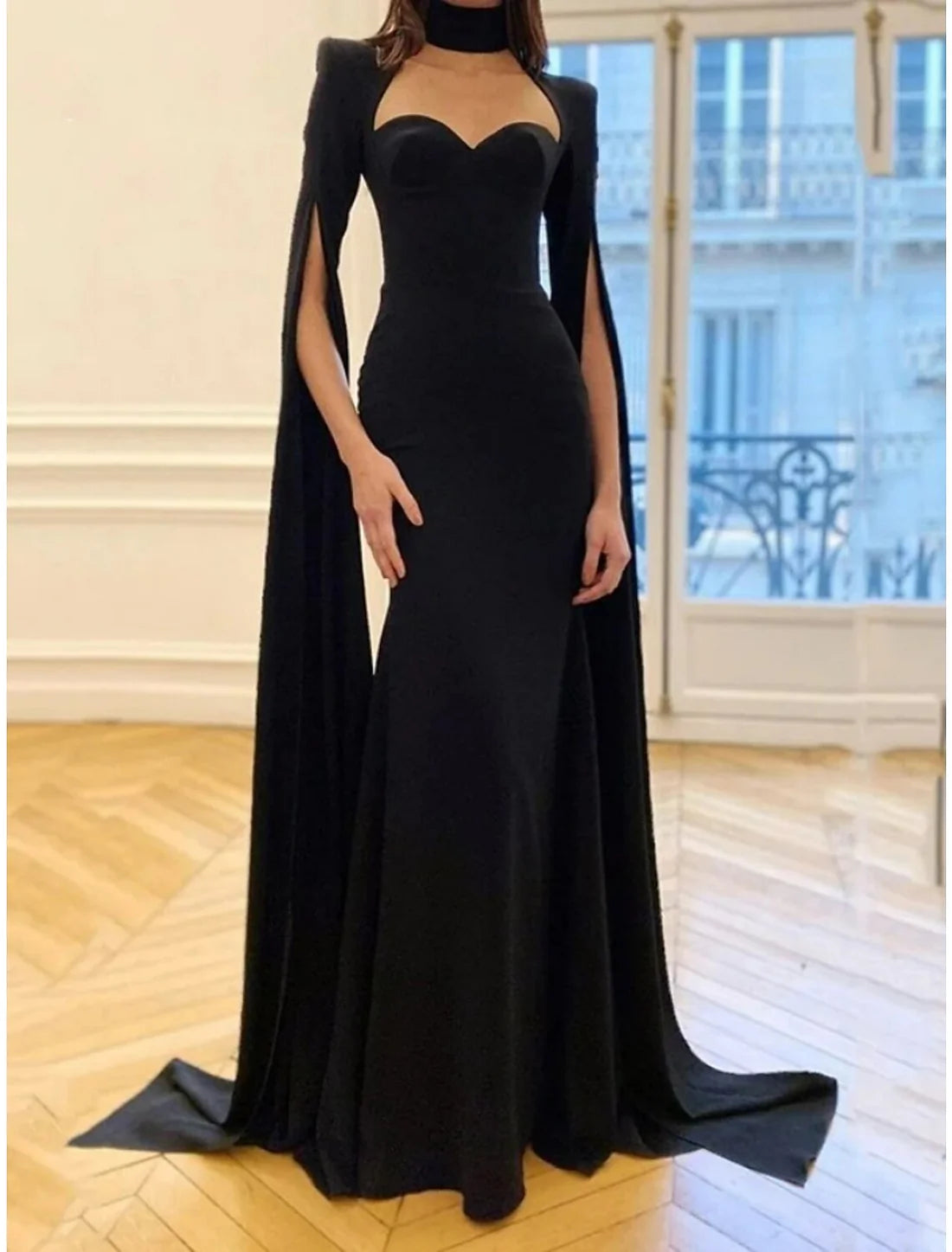 A-Line Evening Gown Elegant Dress Black Dress Formal Sweep / Brush Train Long Sleeve Sweetheart Stretch Fabric