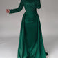 Mermaid Sequin Evening Gown Ruched Satin Dress Long Sleeves Floor Length Sparkle Illusion Neck Fall Wedding Guest Dress with Pearls