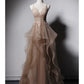 A-Line Prom Dresses Open Back Dress Formal Wedding Party Floor Length Sleeveless Spaghetti Strap Lace with Ruffles