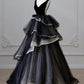 V Neck Tulle Velvet Long Prom Dress Black