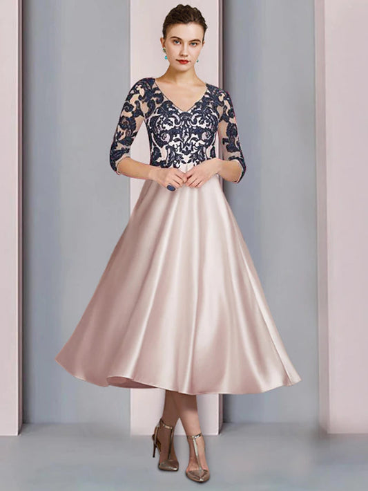 A-Line Mother of the Bride Dress Formal Church Party Elegant V Neck Tea Length Satin Lace 3/4 Length Sleeve