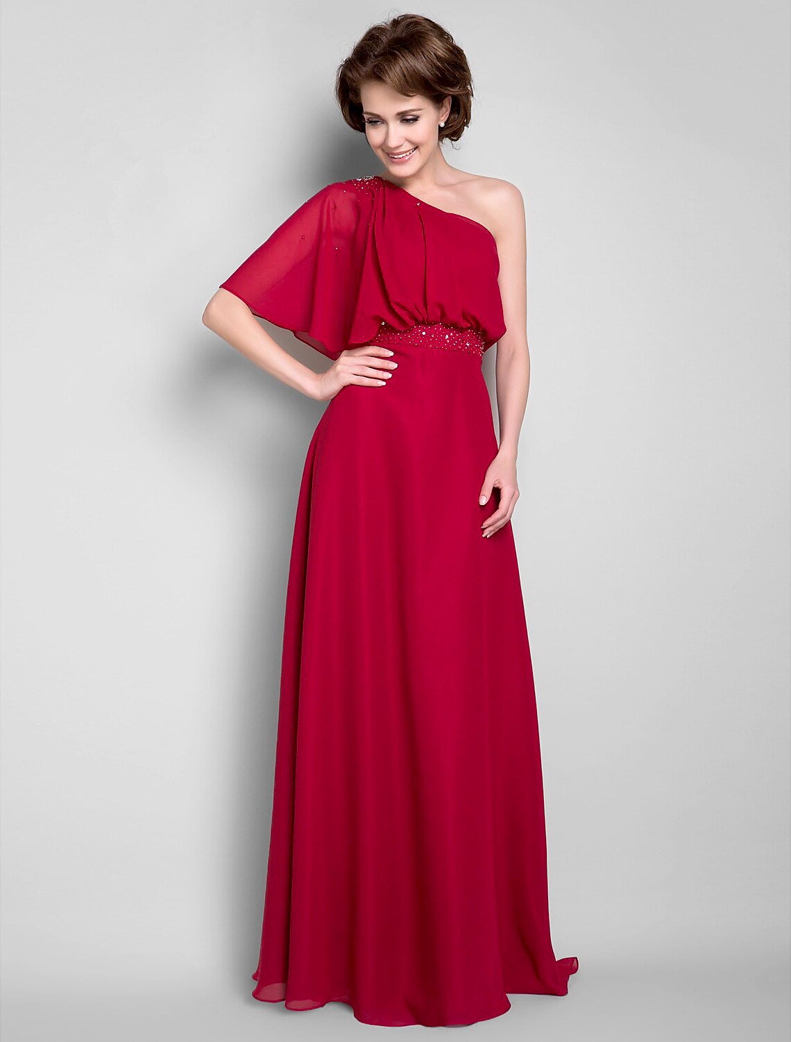 Sheath / Column Mother of the Bride Dress Elegant One Shoulder Floor Length Chiffon Half Sleeve with Beading