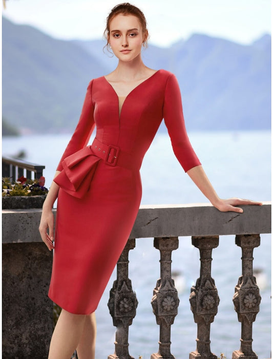 Sheath / Column Cocktail Dresses Elegant Dress Cocktail Party Knee Length Christmas Red Green Dress 3/4 Length Sleeve V Neck Polyester