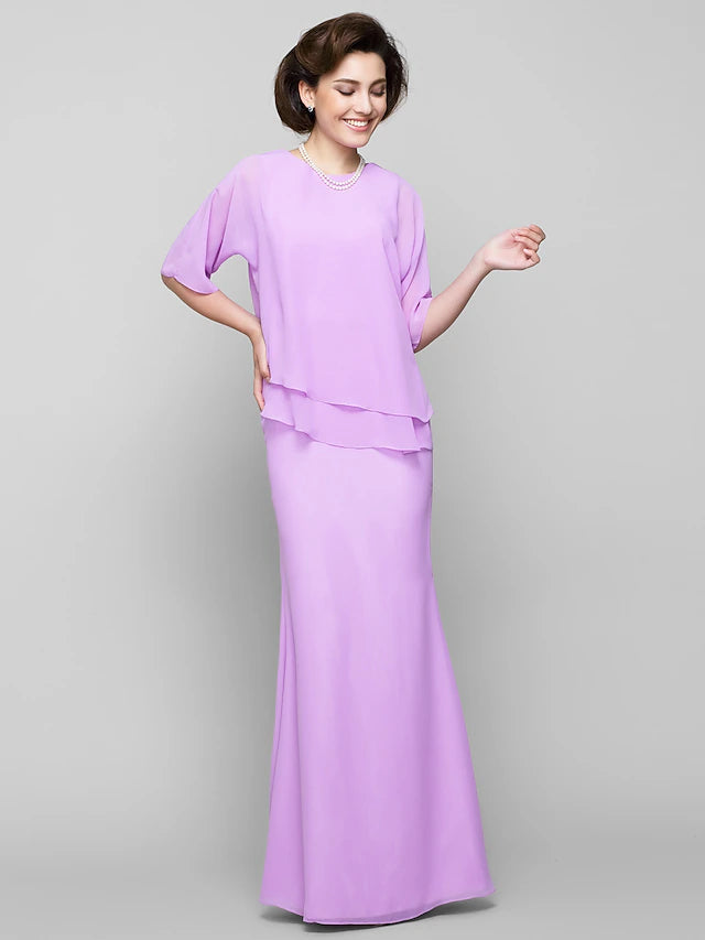 Mermaid / Trumpet Mother of the Bride Dress Elegant Scoop Neck Floor Length Chiffon Half Sleeve