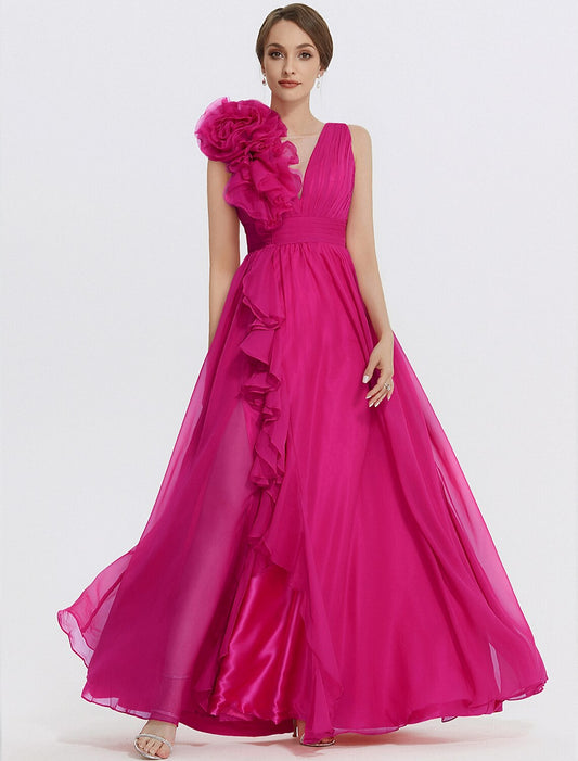 A-Line Evening Gown Floral Dress Formal Wedding Guest Floor Length Sleeveless V Neck Chiffon with Ruched