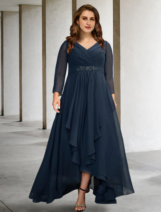 A-Line Mother of the Bride Dresses Plus Size Hide Belly Curve Elegant Dress Formal Asymmetrical Long Sleeve V Neck Chiffon with Pleats