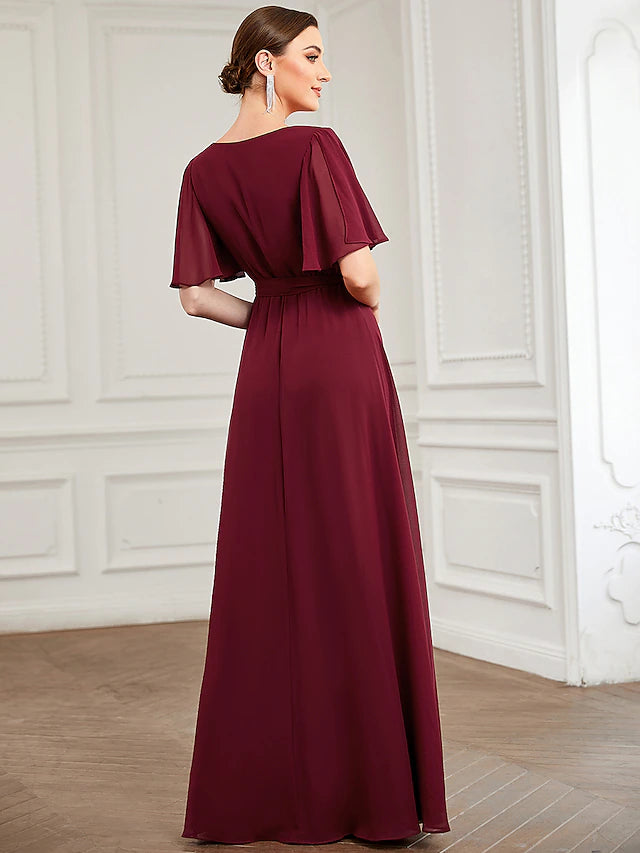 A-Line Bridesmaid Dress V Neck Short Sleeve Elegant Floor Length Chiffon with Ruffles / Draping