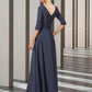 Sheath / Column Mother of the Bride Dress Elegant V Neck Floor Length Stretch Chiffon Half Sleeve with Bow(s)