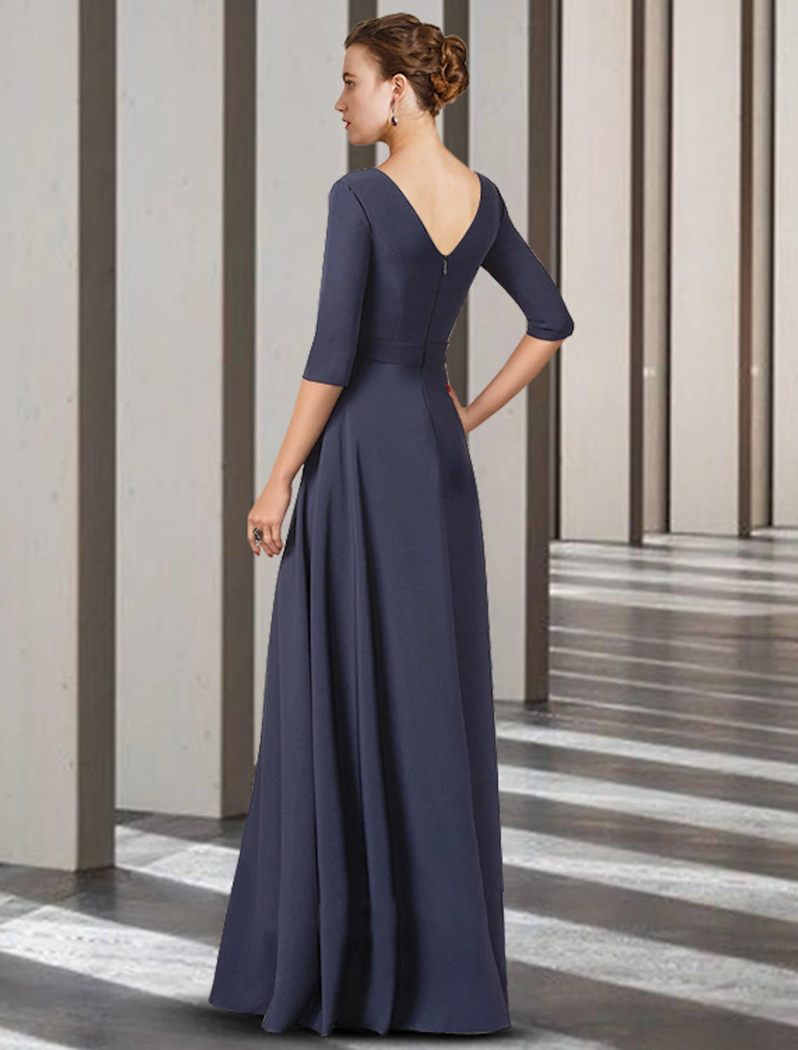 Sheath / Column Mother of the Bride Dress Elegant V Neck Floor Length Stretch Chiffon Half Sleeve with Bow(s)