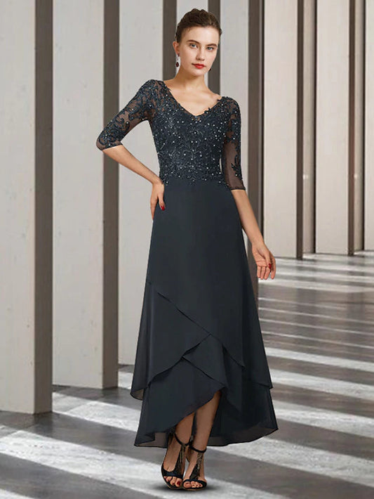 A-Line Mother of the Bride Dress Elegant High Low V Neck Asymmetrical Ankle Length Chiffon Lace Half Sleeve with Beading Ruffles