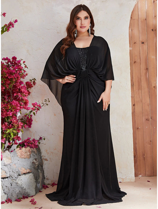 Mermaid / Trumpet Wedding Guest Dresses Plus Size Dress Formal Evening Party Sweep / Brush Train Long Sleeve V Neck Polyester with Sequin